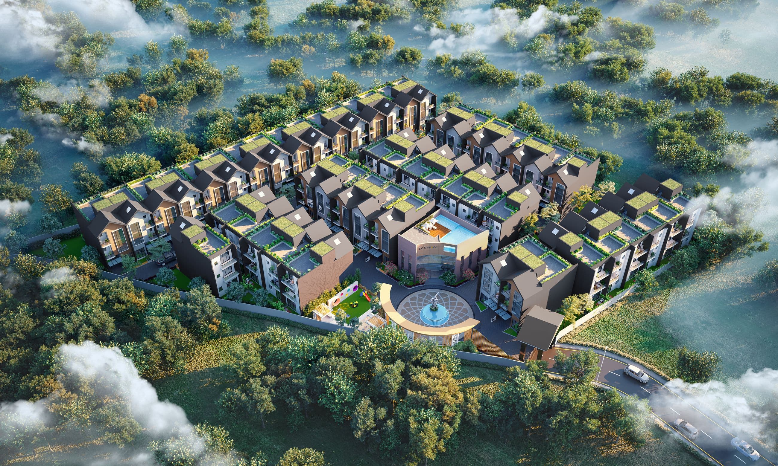 Aerial view of the EUROPA township among trees and cloud