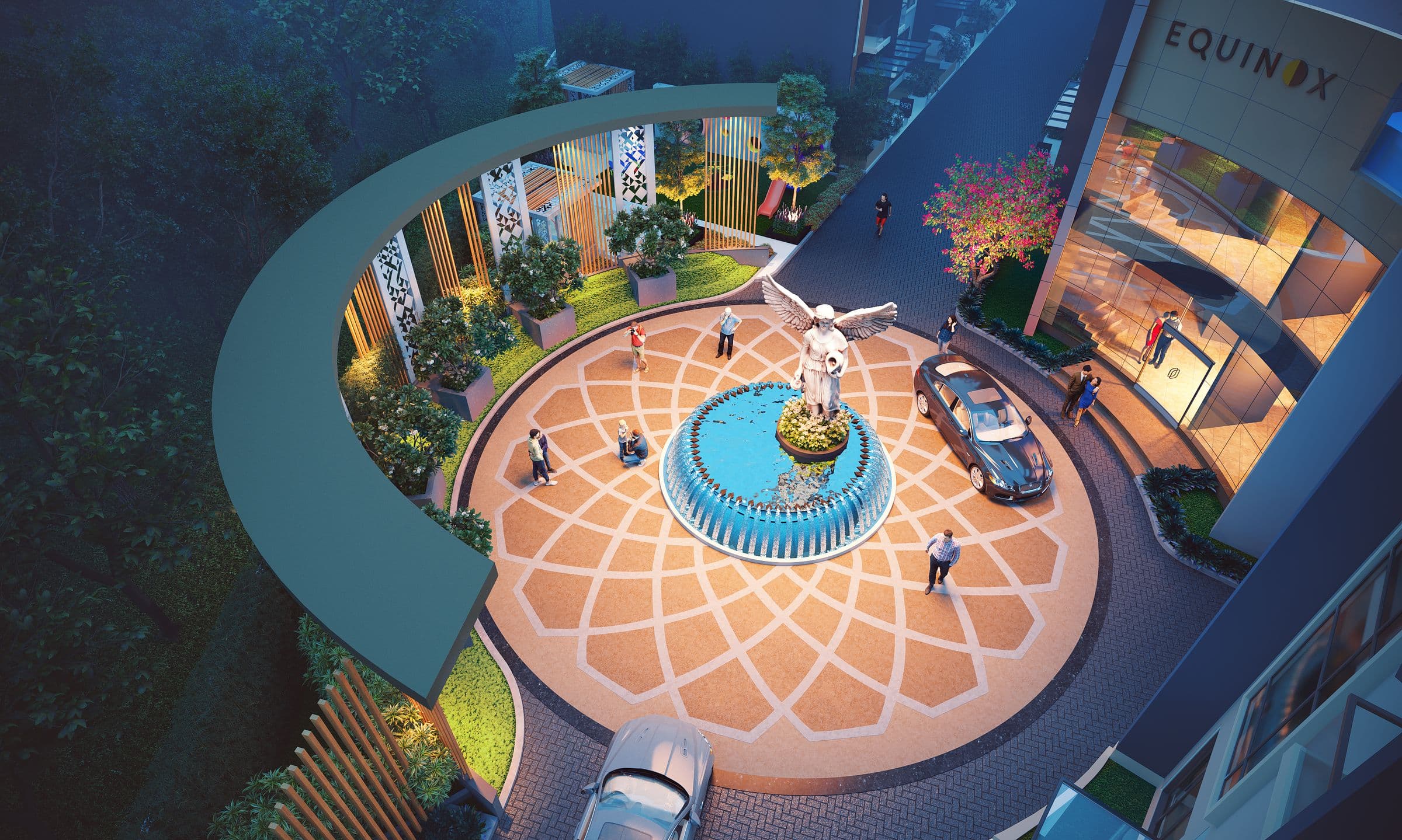 The fountain court and EQUINOX clubhouse seen from above
