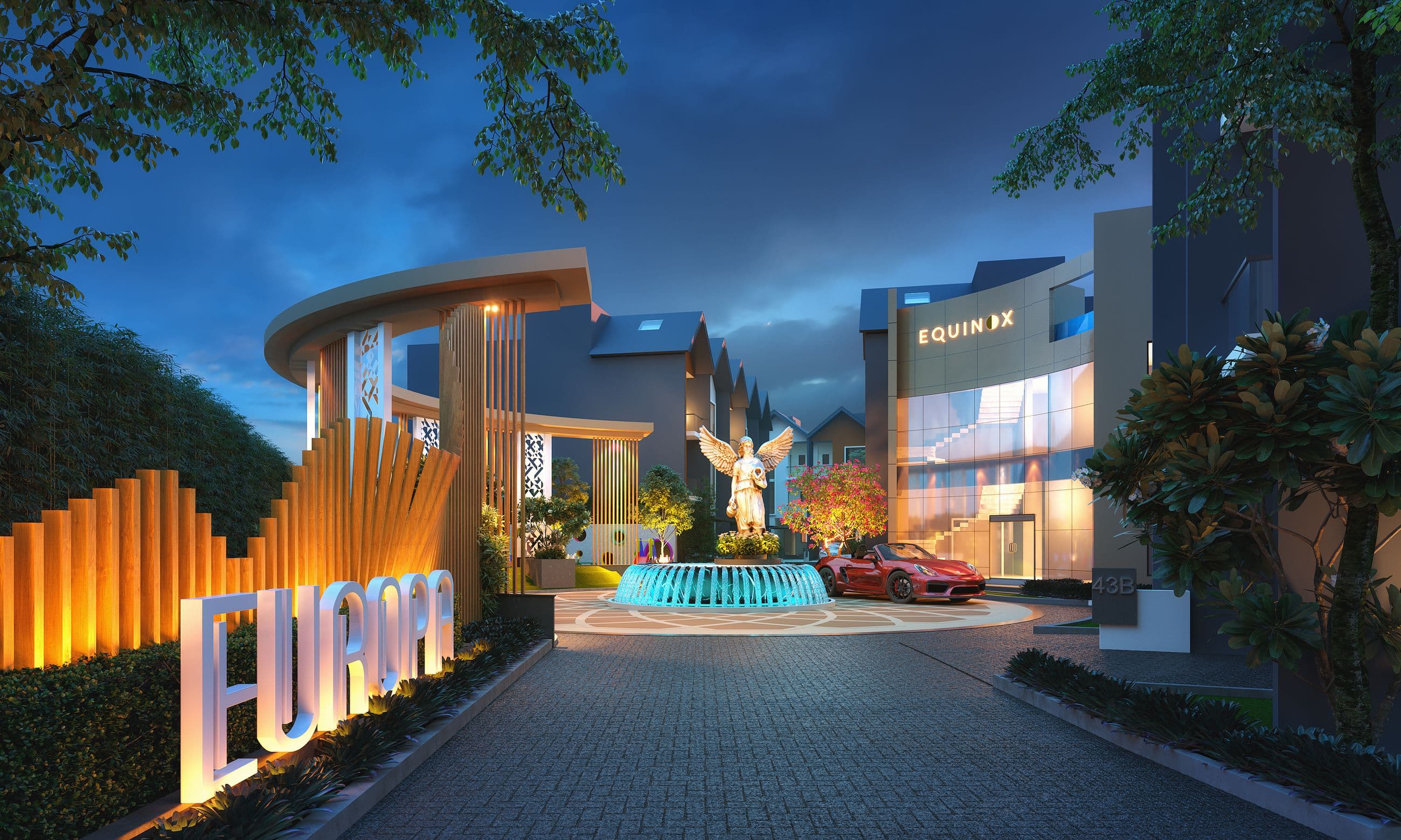 EUROPA entrance gate and court at night