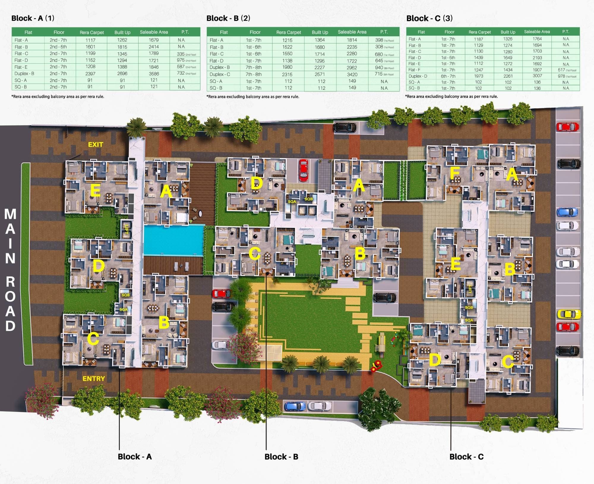 CP Greens master plan with Blocks A, B and C, the pool, central lawn and parking