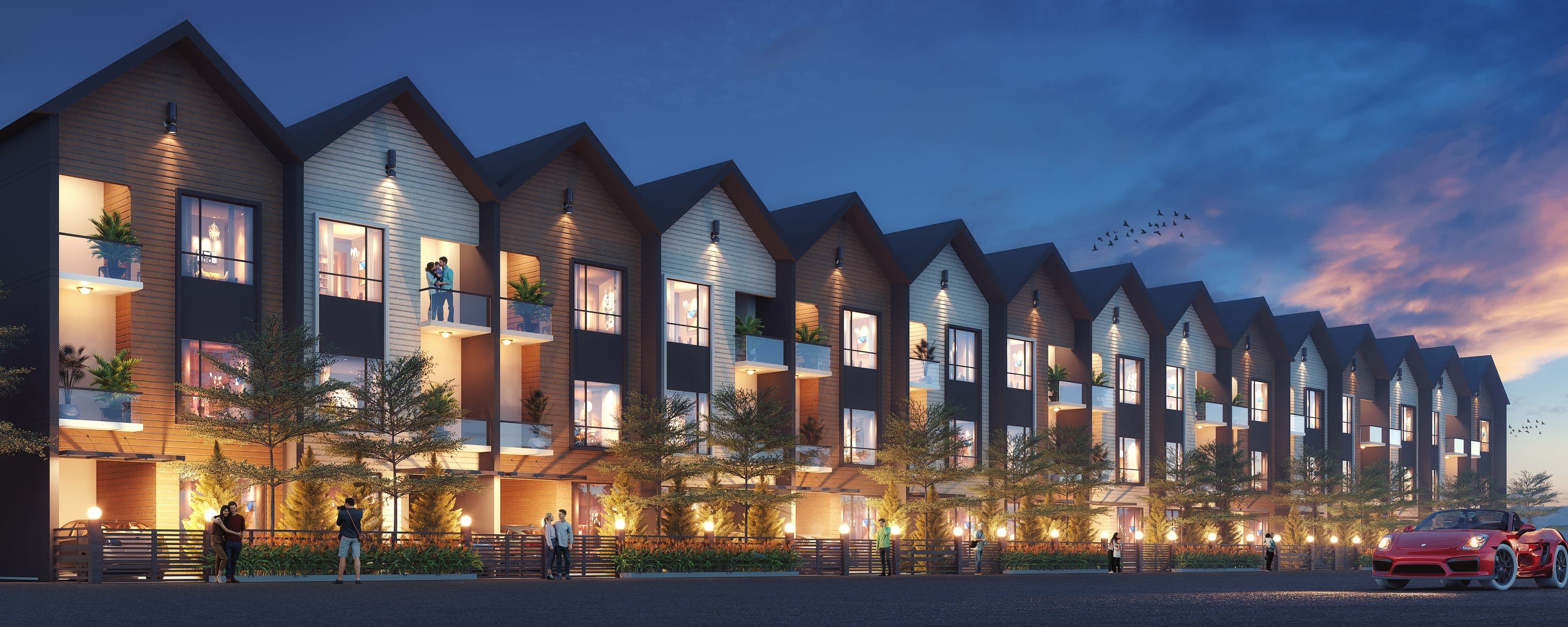The EUROPA townhouse row at dusk